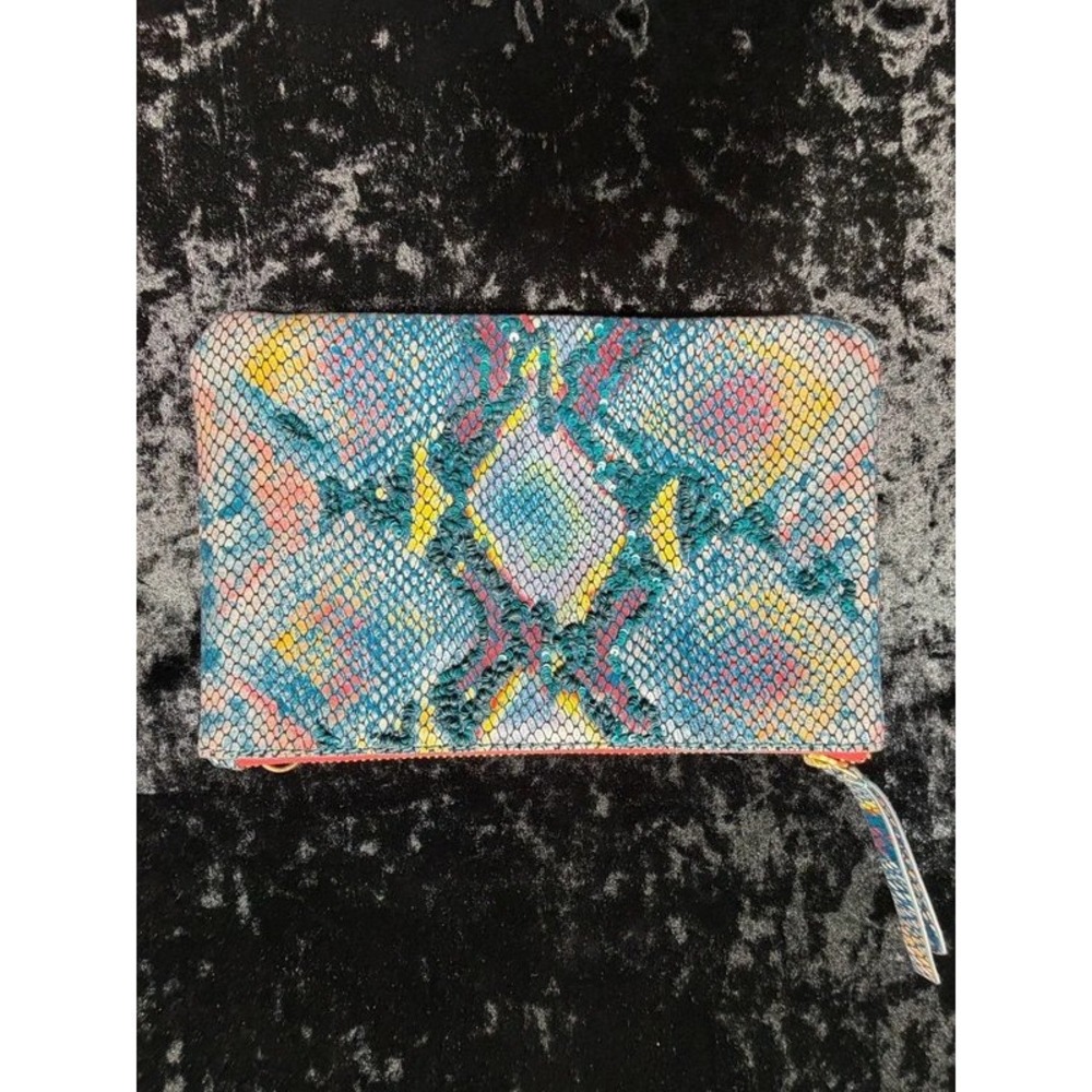 Anthropologie Leather Snakeskin Print Embroidered Sequin Clutch Multicolor